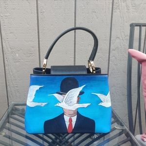 One of a kind, Handmade Painted Bag Rene Margritte